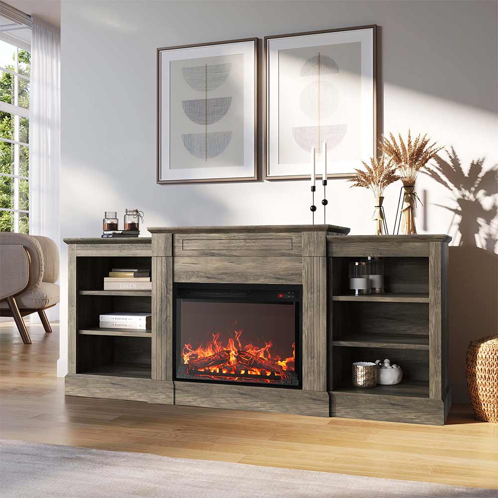 050-lmt-23-gy_02d Rustic wooden electric fireplace console with decorative shelves in a cozy, sunlit living room setting. | Sky Rye Design Rustic wooden electric fireplace console with decorative shelves in a cozy, sunlit living room setting.