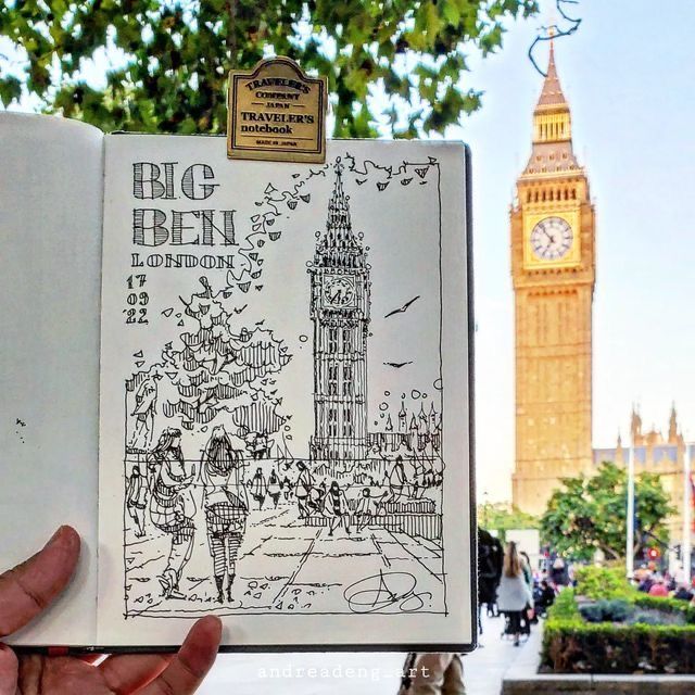 05af74d4-e7ae-4b14-b66e-7174641867f4 Sketch of Big Ben in a traveler's notebook, with the real clock tower in London in the background. | Sky Rye Design Sketch of Big Ben in a traveler's notebook, with the real clock tower in London in the background.