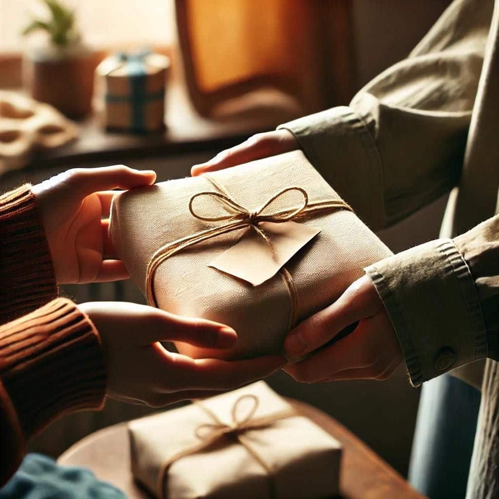 Two people exchanging a beautifully wrapped gift with a bow, symbolizing celebration and thoughtful giving in a warm, cozy setting.