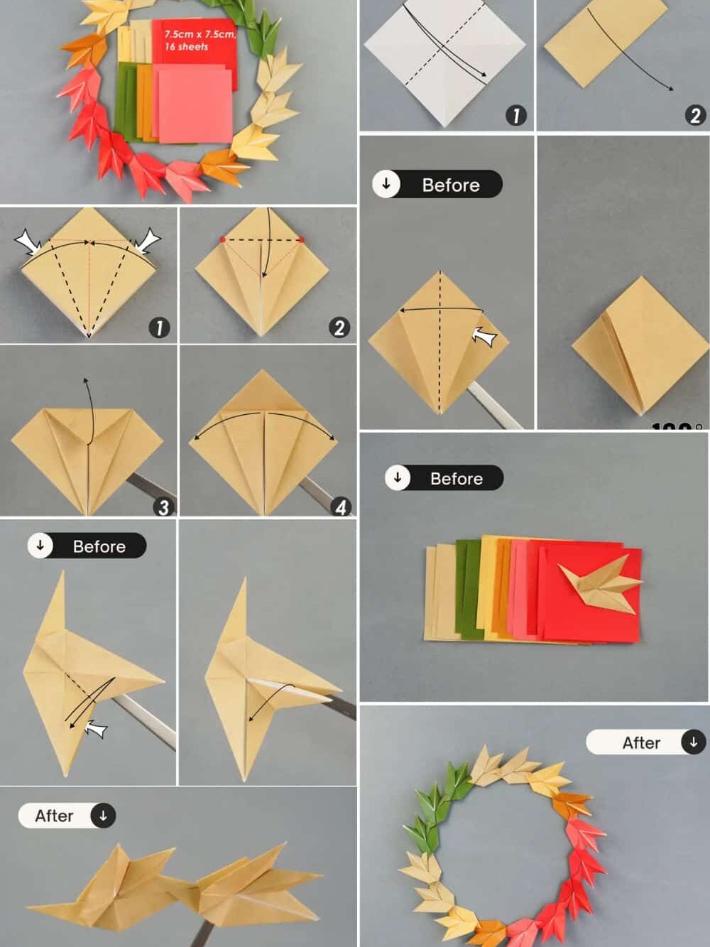 Step-by-step guide to creating a colorful origami leaf wreath with paper folding instructions and materials shown.