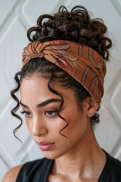 07ce2ee732da5f02fcab029a97a0aca3 Woman with curly hair wearing a patterned brown headband, styled in a chic updo. Ideal look for summer and casual outings. | Sky Rye Design Woman with curly hair wearing a patterned brown headband, styled in a chic updo. Ideal look for summer and casual outings.