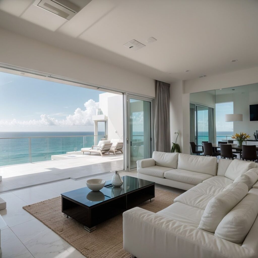 08ff8ecbafb45a89a390736d35721784 Luxurious oceanfront living room with white sofas and panoramic sea views through floor-to-ceiling glass doors. | Sky Rye Design Luxurious oceanfront living room with white sofas and panoramic sea views through floor-to-ceiling glass doors.
