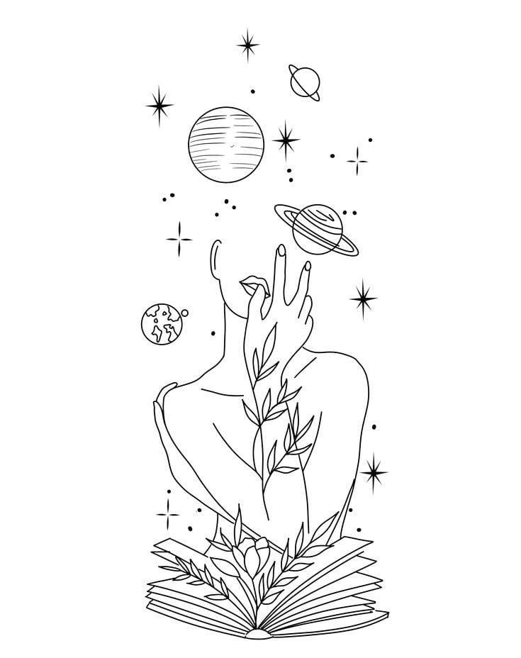 Abstract line art of a figure with planets and stars, symbolizing imagination and nature, emerging from an open book.