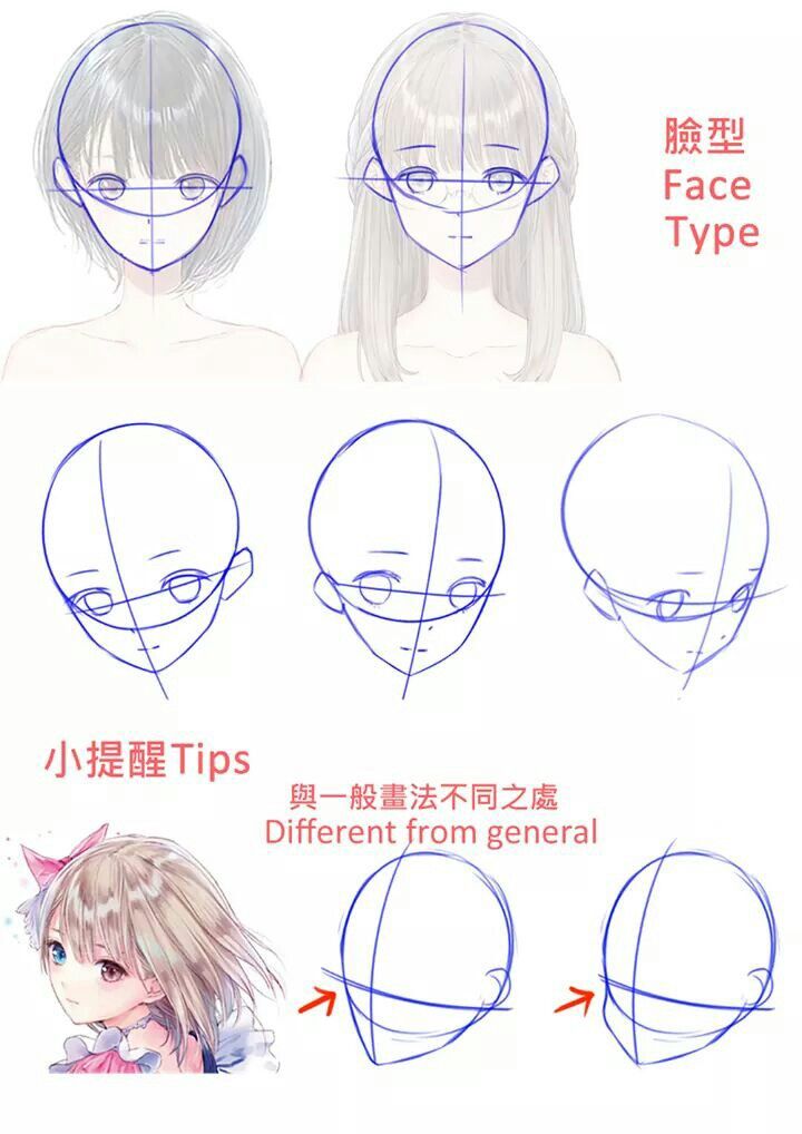 Anime face drawing tutorial showing different angles and styles with guidelines, tips, and example illustrations.