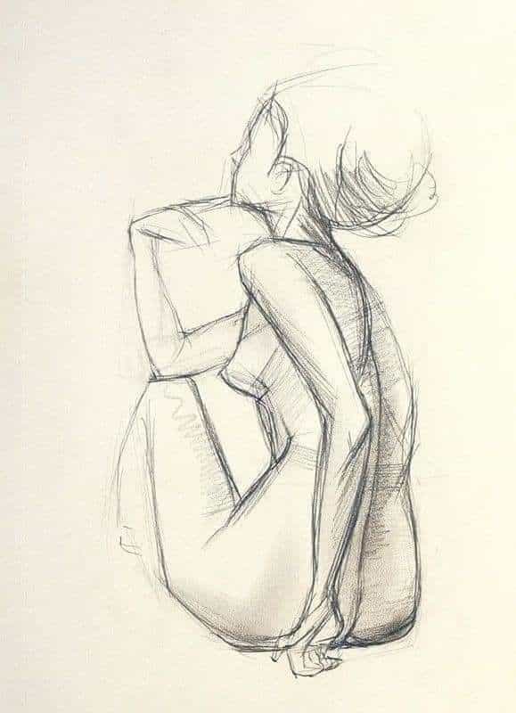 Sketch of a seated nude figure from behind, showcasing dynamic lines and shading in a minimalist artistic style.