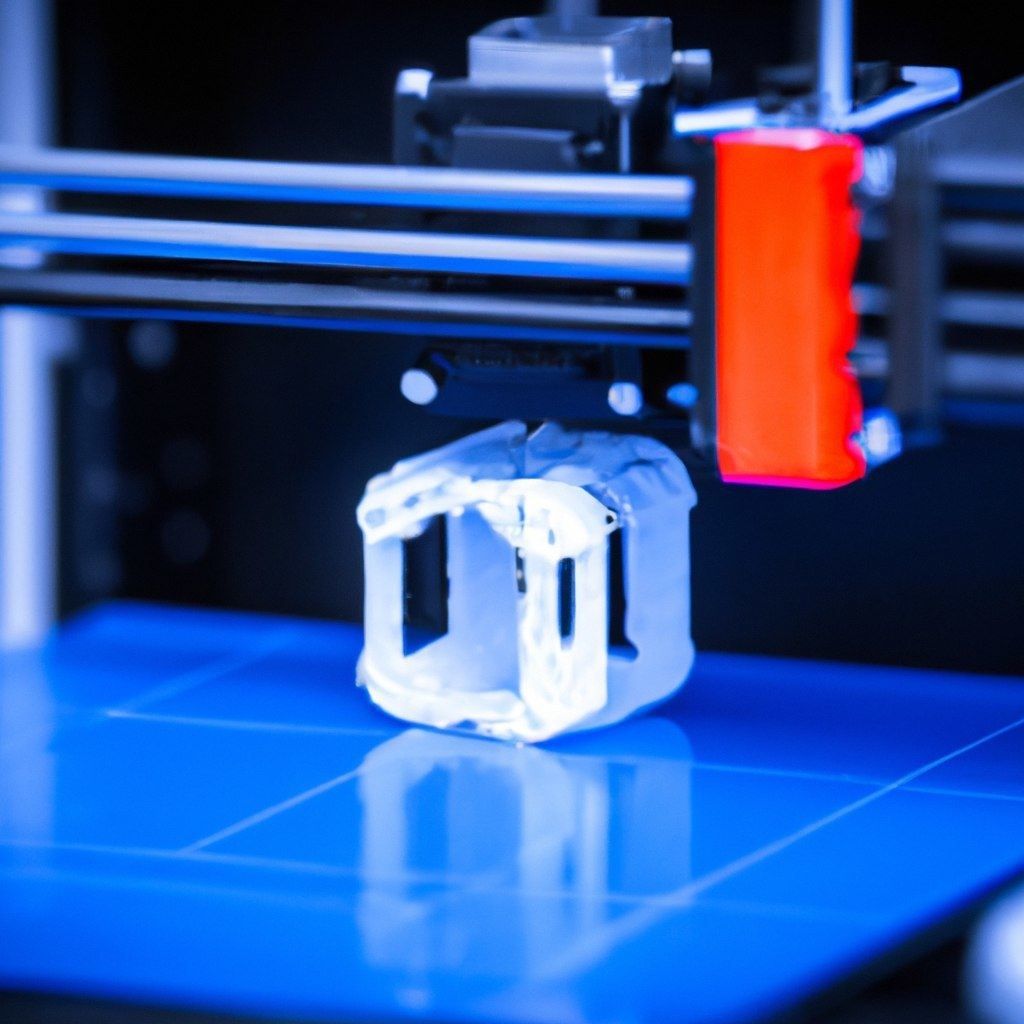 3D printer creating a white object on a blue platform, showcasing modern technology and innovative manufacturing techniques.