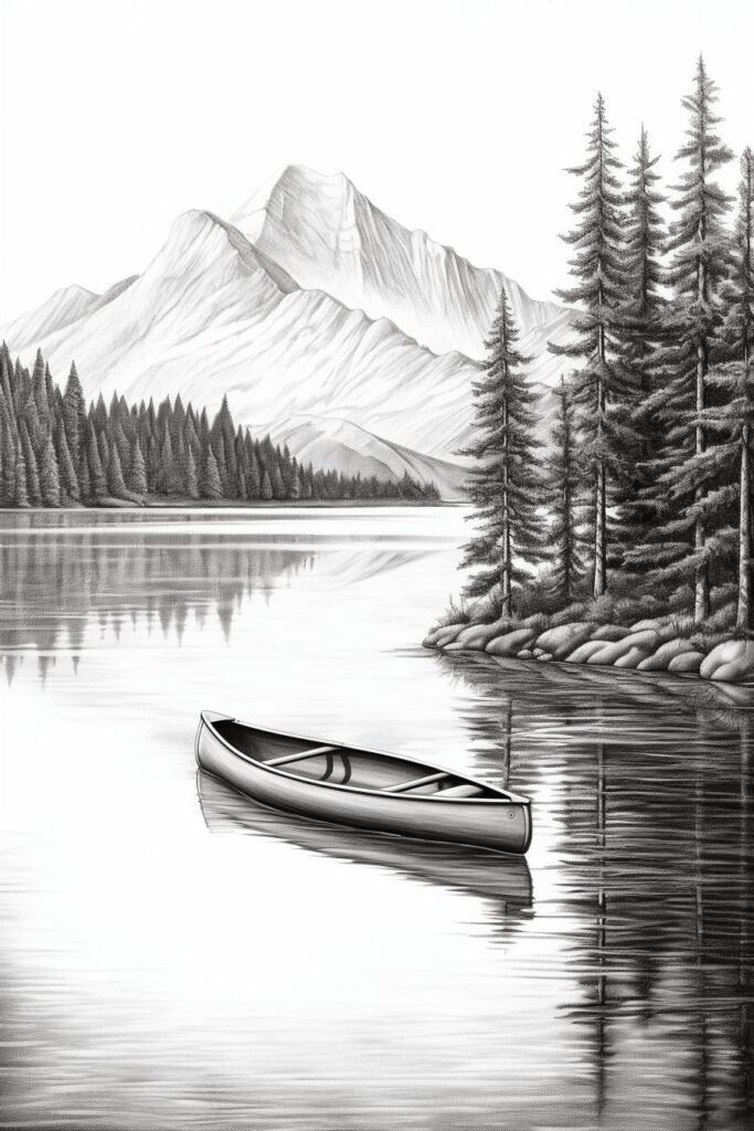 0dc8a4e85381aa8f52790f10741fc5de Black and white drawing of a serene lake, a canoe, tall evergreen trees, and majestic mountains in the background. | Sky Rye Design Black and white drawing of a serene lake, a canoe, tall evergreen trees, and majestic mountains in the background.