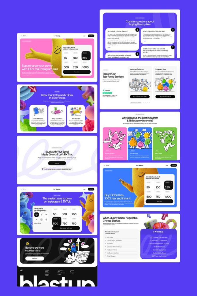 Colorful Blastup webpage promoting Instagram and TikTok growth services with cartoon characters and package options for likes and followers.