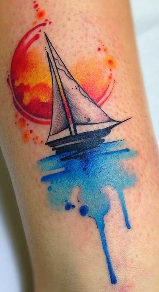 0f1c098e31002096d6fd05bcf0de7e4d Colorful sailboat tattoo with abstract sun and water design on skin. | Sky Rye Design Colorful sailboat tattoo with abstract sun and water design on skin.