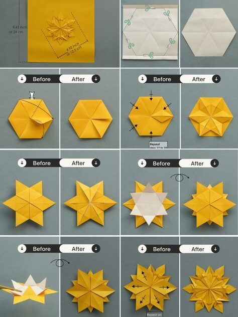 Step-by-step guide to making origami snowflakes in yellow, blue, and white paper. Perfect for DIY holiday decorations and crafts.