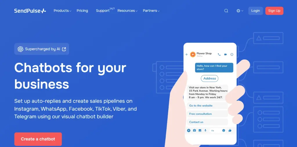 1 SendPulse AI-powered chatbots for business automation on messaging platforms, featuring interactive mobile interface. | Sky Rye Design SendPulse AI-powered chatbots for business automation on messaging platforms, featuring interactive mobile interface.