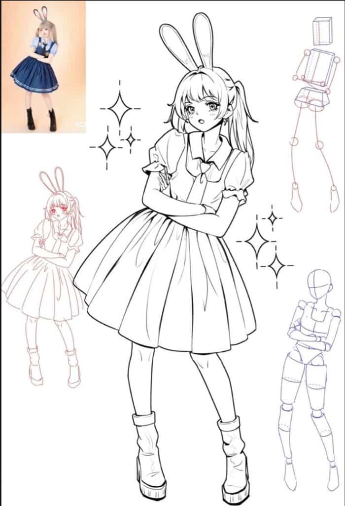 _ 1 Anime girl in a bunny outfit with character sketches and reference pose. Perfect for cosplay and character design inspiration. | Sky Rye Design Anime girl in a bunny outfit with character sketches and reference pose. Perfect for cosplay and character design inspiration.