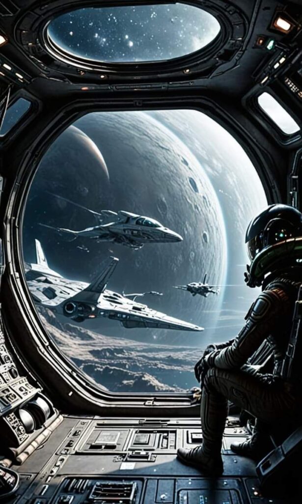 _ 1 Astronaut viewing spacecraft and distant planets from cockpit, creating a futuristic space exploration scene. | Sky Rye Design Astronaut viewing spacecraft and distant planets from cockpit, creating a futuristic space exploration scene.