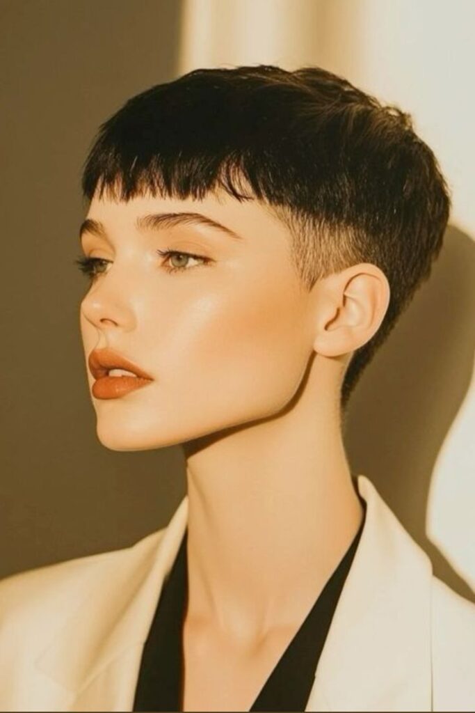 _ 1 Woman with stylish pixie cut hairstyle, wearing a white jacket, in golden lighting. | Sky Rye Design Woman with stylish pixie cut hairstyle, wearing a white jacket, in golden lighting.