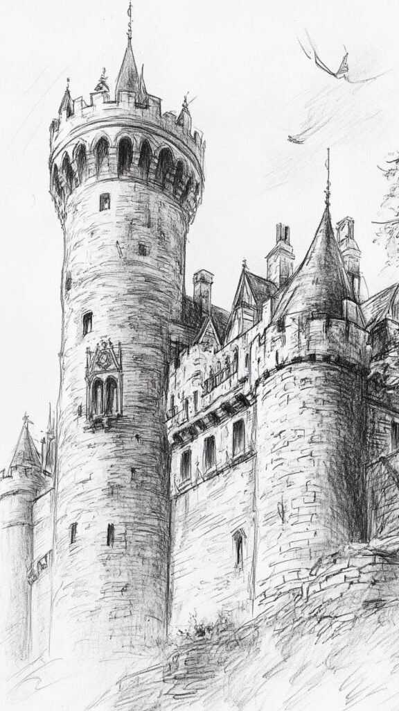 _ 1 Detailed pencil sketch of a medieval castle with tall towers and intricate stonework, showcasing historic architecture and artistic elegance. | Sky Rye Design Detailed pencil sketch of a medieval castle with tall towers and intricate stonework, showcasing historic architecture and artistic elegance.