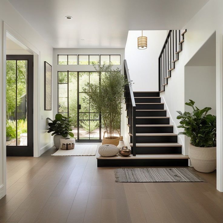 Modern entryway with sleek black staircase, large windows, and lush indoor plants, creating an inviting and tranquil living space.