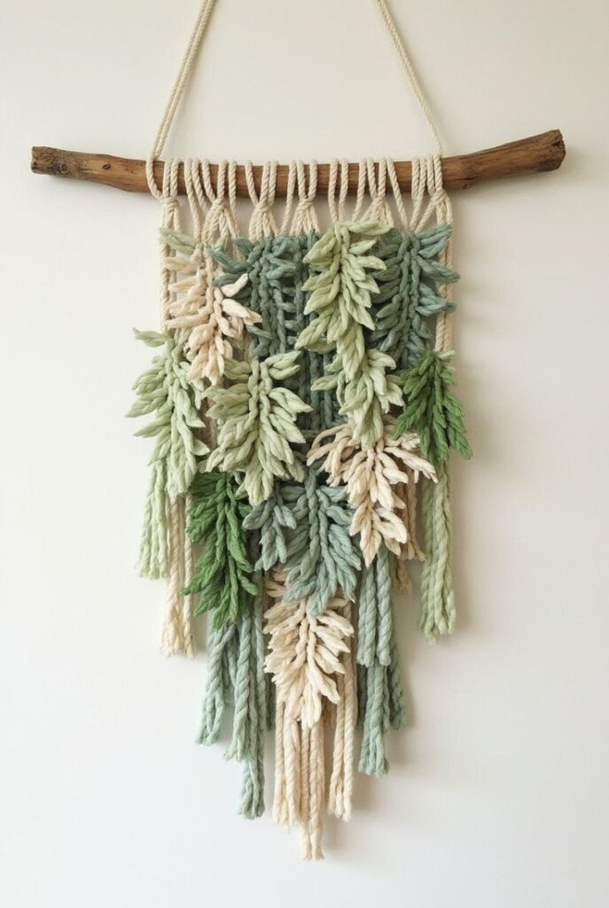 Handcrafted macramé wall hanging with green and cream leaf design, suspended from a wooden branch for a natural, bohemian decor touch.
