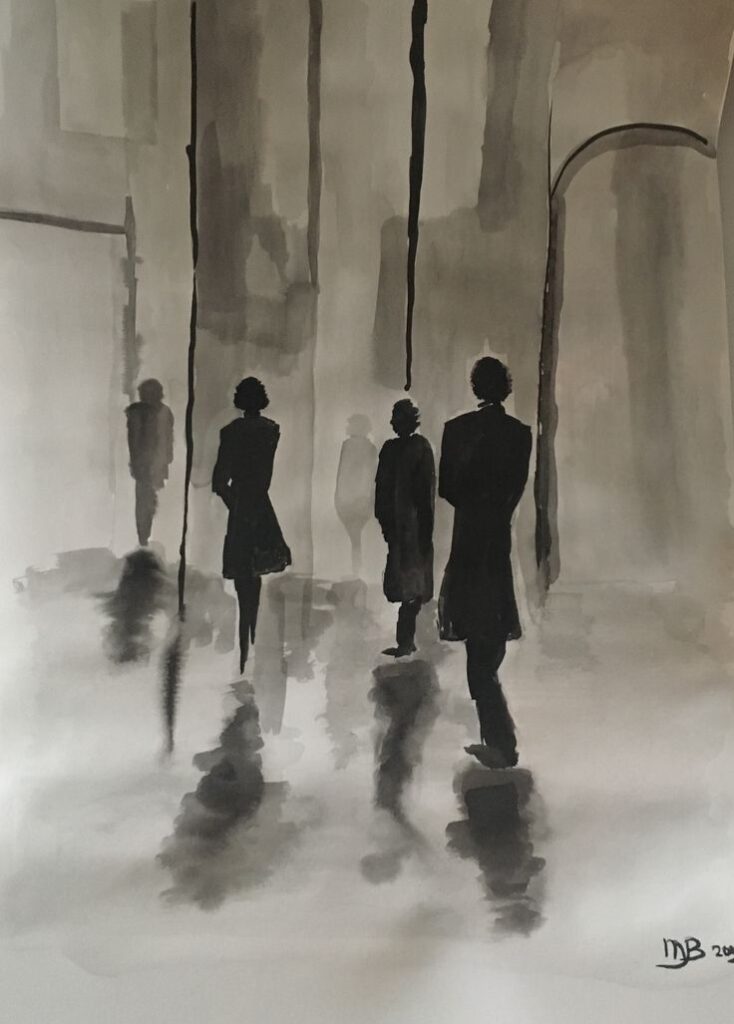 Silhouetted figures walking in a shadowy, abstract urban setting, painted in grayscale watercolors for a moody, artistic effect.
