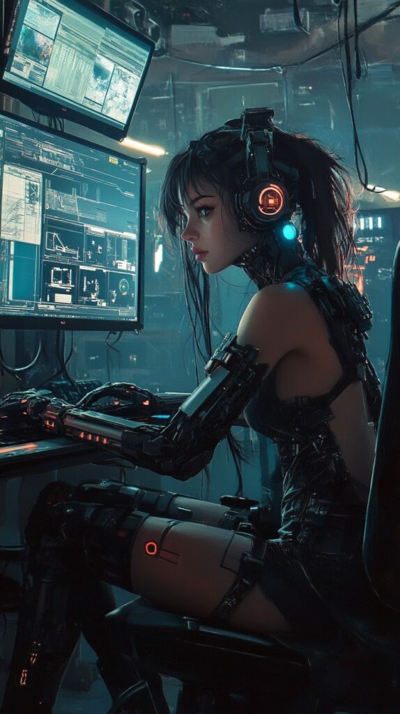 Cybernetic woman working at a computer with neon headphones, showcasing an advanced futuristic tech environment.