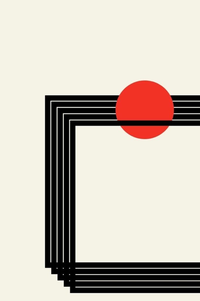 Abstract geometric design with layered black lines forming a corner, and a bold red circle overlapping the top right, on a beige background.