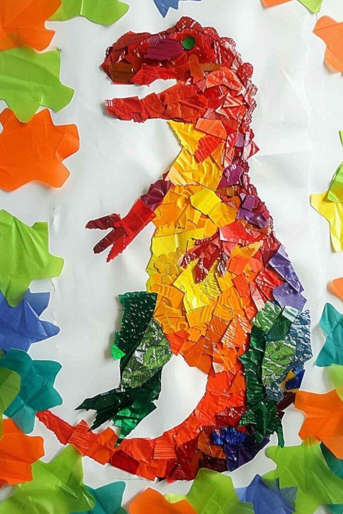 _ 1 Colorful dinosaur mosaic art with vibrant paper pieces in red, yellow, and green hues, surrounded by leaf shapes. Creative kids' craft. | Sky Rye Design Colorful dinosaur mosaic art with vibrant paper pieces in red, yellow, and green hues, surrounded by leaf shapes. Creative kids' craft.