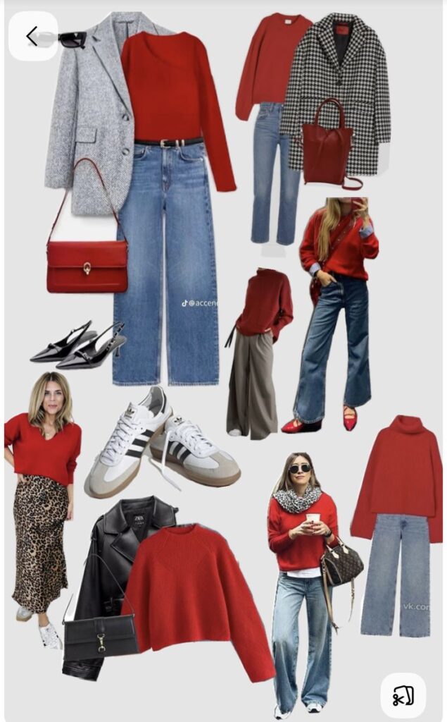 Screenshot Fashion collage featuring red tops, jeans, coats, and accessories for stylish winter outfit inspiration. | Sky Rye Design Fashion collage featuring red tops, jeans, coats, and accessories for stylish winter outfit inspiration.