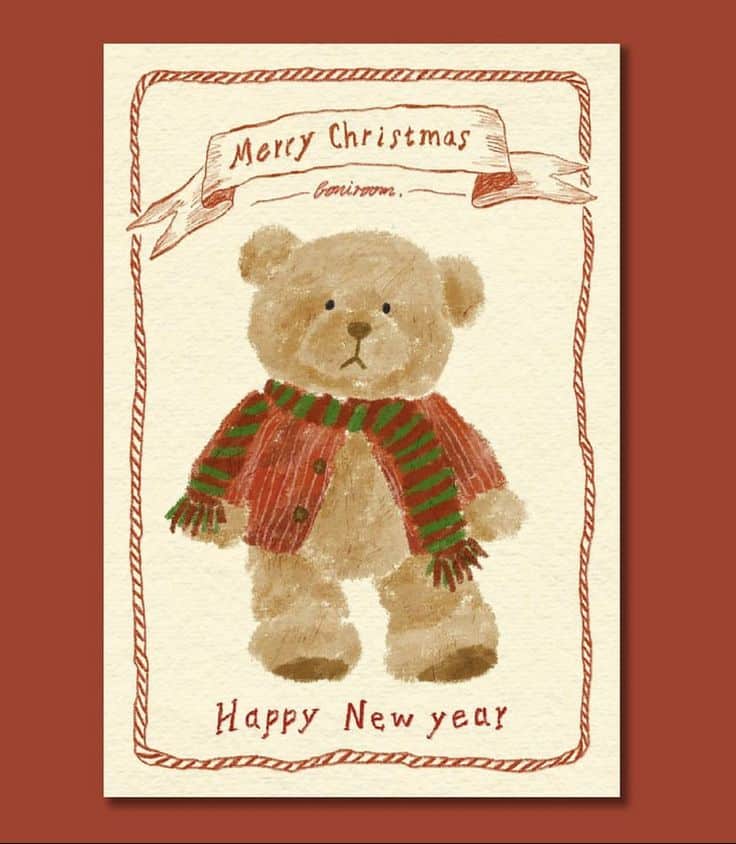 Cute teddy bear in festive sweater with Merry Christmas and Happy New Year text, perfect for holiday greeting cards.