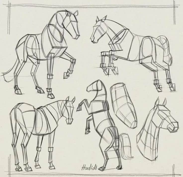 Geometric horse sketches showing different poses and forms, emphasizing lines and shapes for artists and illustrators to study proportions.