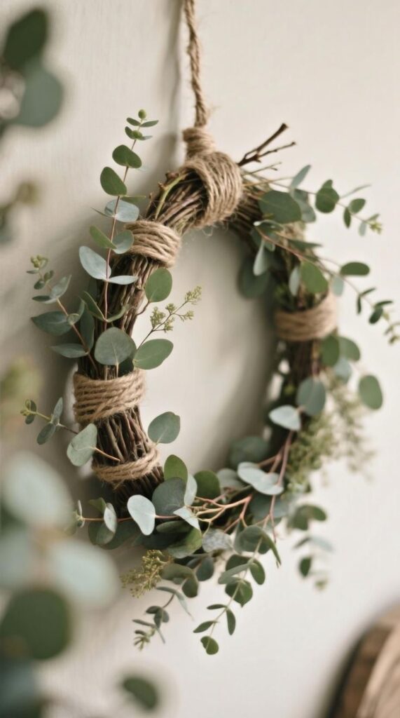 Handcrafted eucalyptus wreath with twine hanging on a wall, perfect for rustic home decor and seasonal decoration.