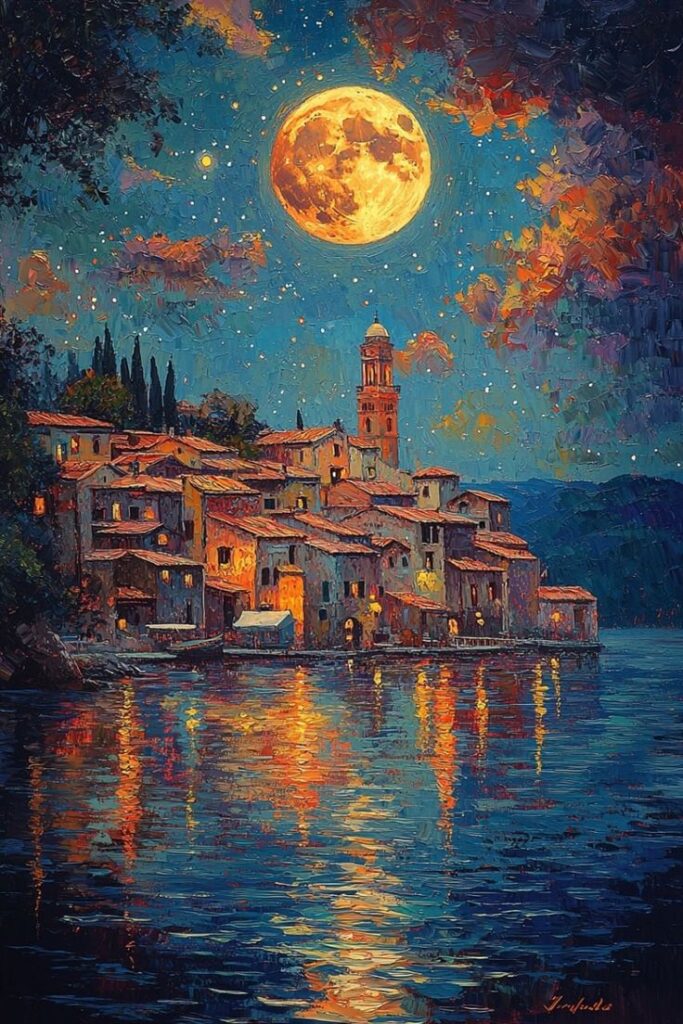 Vibrant impressionist painting of a moonlit coastal village, reflecting warm lights across water beneath a starry night sky.