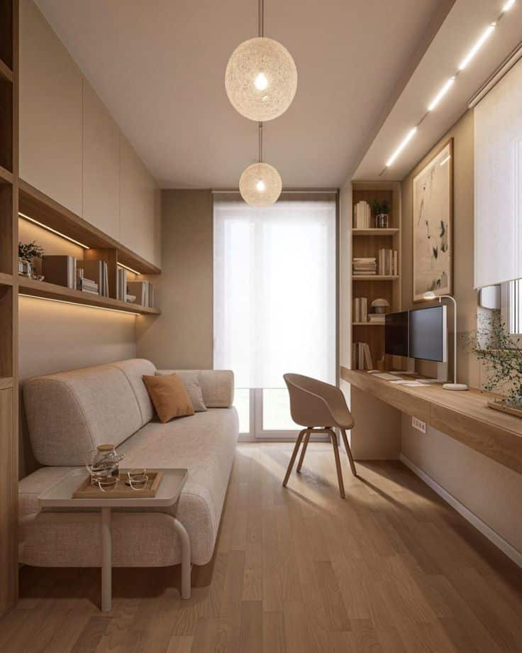 _ 1 Modern home office with beige sofa, wooden desk, and natural lighting. Minimalist interior design. | Sky Rye Design Modern home office with beige sofa, wooden desk, and natural lighting. Minimalist interior design.
