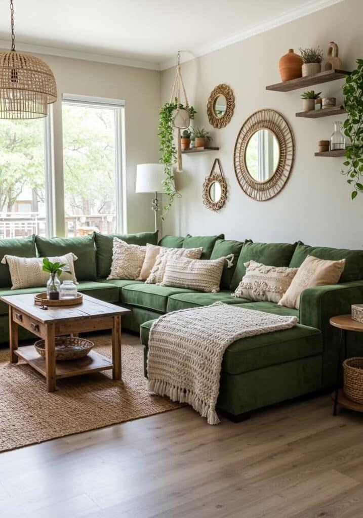 _ 1 Cozy living room with green sectional, wooden coffee table, woven decor, and plants. Natural light fills the space. | Sky Rye Design Cozy living room with green sectional, wooden coffee table, woven decor, and plants. Natural light fills the space.