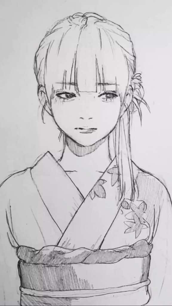 _ 10 Anime-style sketch of a young woman in a kimono with floral patterns, featuring detailed shading and expressive, gentle eyes. | Sky Rye Design Anime-style sketch of a young woman in a kimono with floral patterns, featuring detailed shading and expressive, gentle eyes.