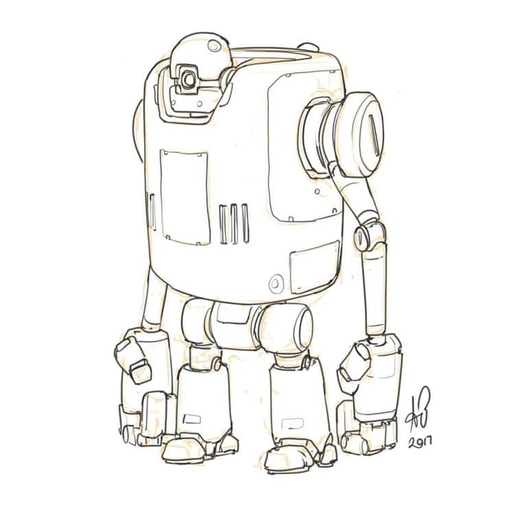 Sketch of a cute robot with a boxy body and articulated arms, showcasing a futuristic design. Signed and dated “2017” by the artist.