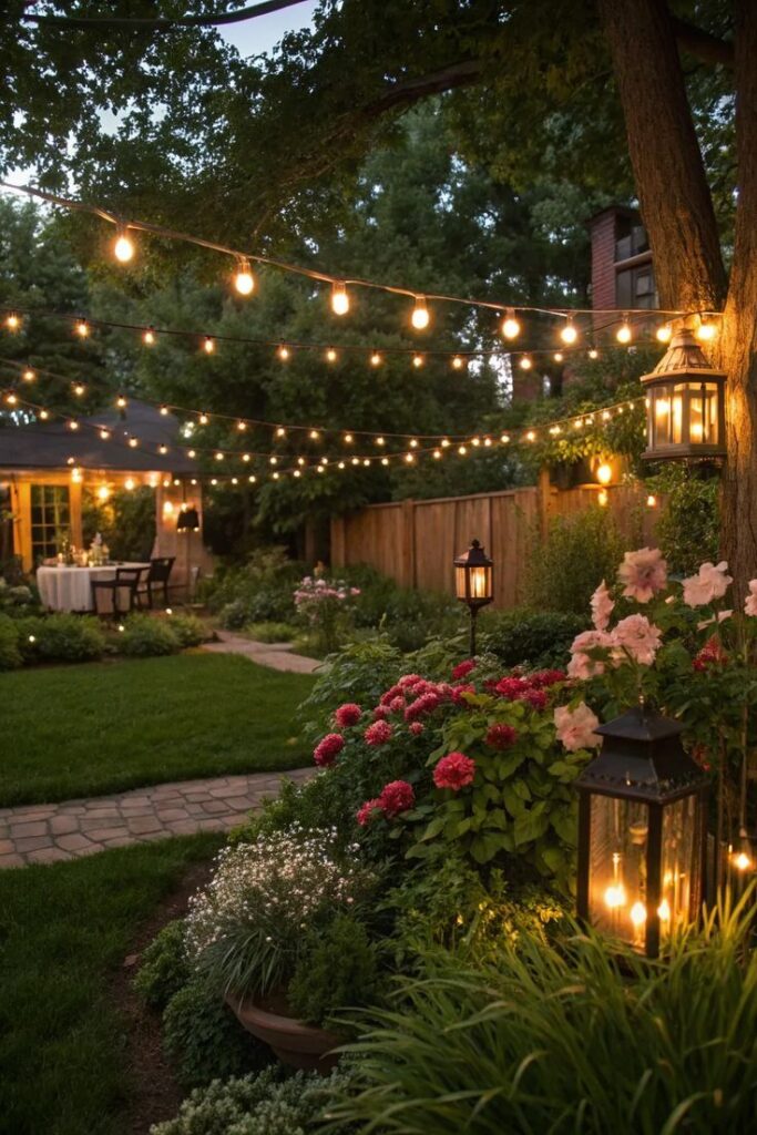 _ 10 Cozy garden scene with string lights, blooming flowers, and a lit patio lantern, creating a perfect outdoor evening ambiance. | Sky Rye Design Cozy garden scene with string lights, blooming flowers, and a lit patio lantern, creating a perfect outdoor evening ambiance.