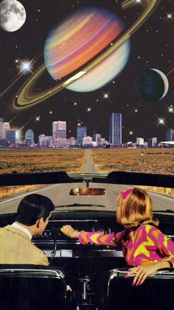 Retro road trip with planets in the sky and futuristic cityscape ahead; surreal cosmic landscape blending past and future.