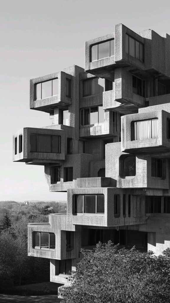 Brutalist architectural building with stacked concrete structures and large windows against a clear sky, set in a lush green landscape.