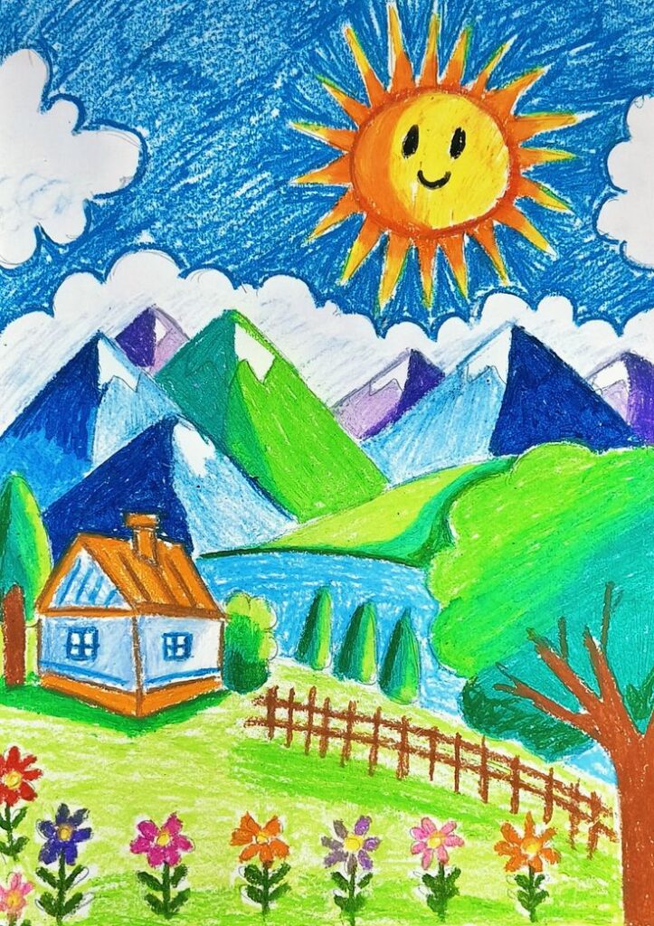 Colorful children's drawing of a sunny mountain landscape with a house, trees, flowers, and smiling sun under a bright blue sky.