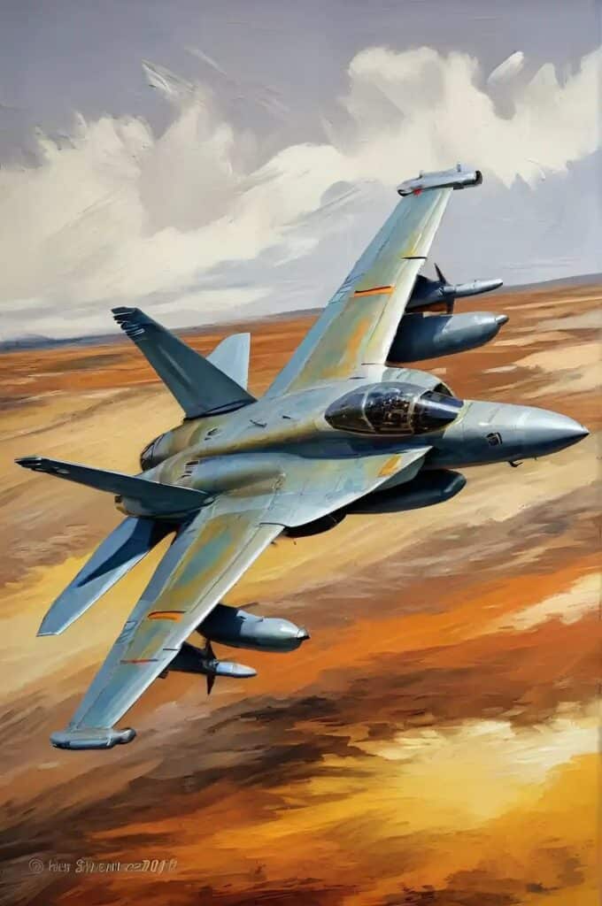 Painting of a jet fighter soaring over a desert landscape, capturing dynamic motion against a dramatic sky.