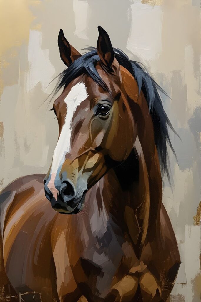 Digital painting of a brown horse with a white stripe on its face, set against an abstract neutral background.