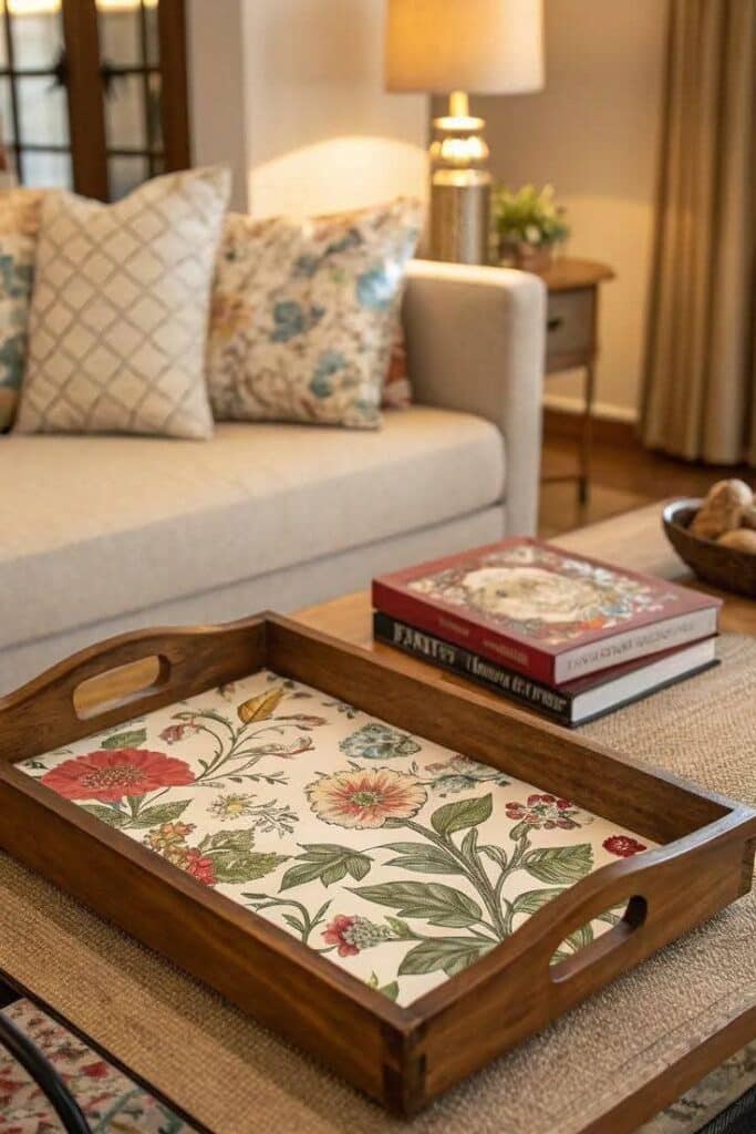 Wooden tray with floral design on a cozy living room table, beside books and a beige sofa with patterned pillows.