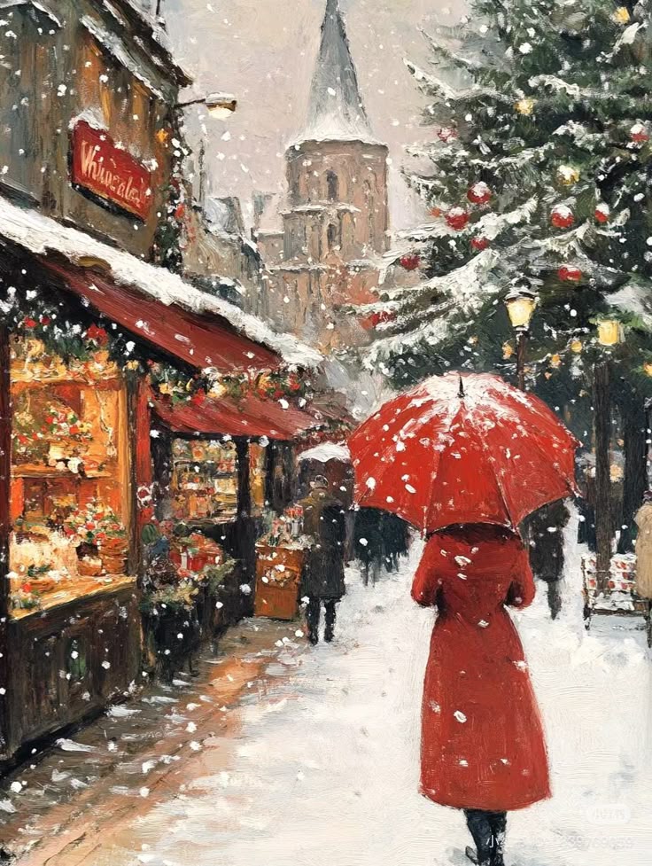 A woman in a red coat and umbrella walks through a snowy Christmas market with decorated trees and a historic church in the background.
