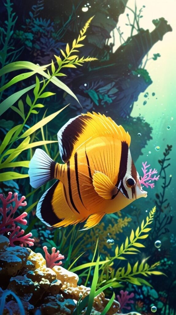 Vibrant orange fish swims among corals and sea plants in a sunlit underwater scene; highlighting aquatic beauty and marine life.