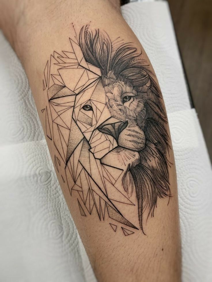 _ 10 Geometric and realistic lion tattoo on forearm, showcasing intricate lines and shading, blending art styles seamlessly. | Sky Rye Design Geometric and realistic lion tattoo on forearm, showcasing intricate lines and shading, blending art styles seamlessly.
