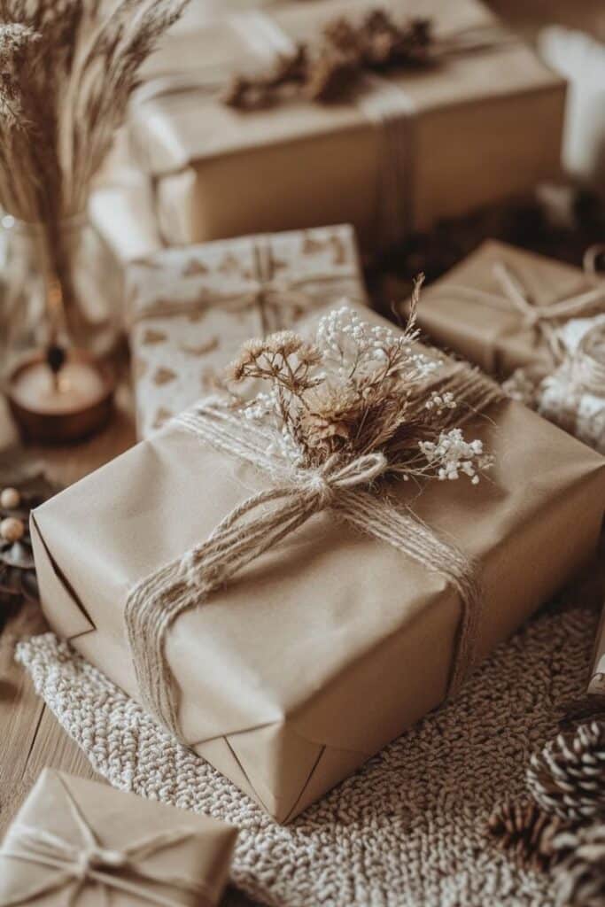 10 Eco-Friendly Hacks for Sustainable Gift Wrapping Rustic gift box with brown paper and twine, adorned with dried flowers, surrounded by similar wrapped presents on a cozy textured mat. | Sky Rye Design Rustic gift box with brown paper and twine, adorned with dried flowers, surrounded by similar wrapped presents on a cozy textured mat.