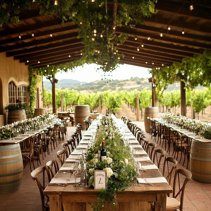 10 Elegant Vineyard Wedding Decoration Ideas to Elevate Your Celebration 1 Outdoor vineyard wedding reception with long wooden tables, elegant settings, and lush greenery under a vine-covered pergola. | Sky Rye Design Outdoor vineyard wedding reception with long wooden tables, elegant settings, and lush greenery under a vine-covered pergola.
