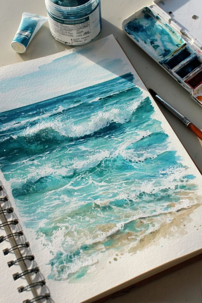 Watercolor painting of ocean waves on paper, surrounded by paint tubes, palette, and brush.