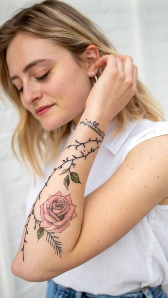 Smiling person with a detailed rose and vine tattoo on their forearm, wearing a white top, adding elegance to their casual look.