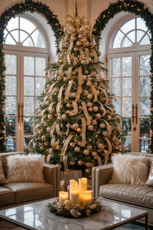 Luxurious Christmas tree adorned with gold ribbons and ornaments in an elegant living room setting.