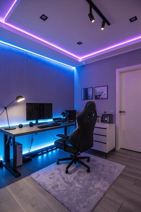 Modern gaming setup with LED lighting, sleek desk, dual monitors, black gaming chair, and decorative wall art for an ultimate gaming experience.